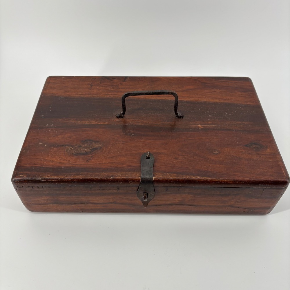 Antique Writing Slope Box, Large Brown Wood Iron Hardware Rustic Historical Farm
